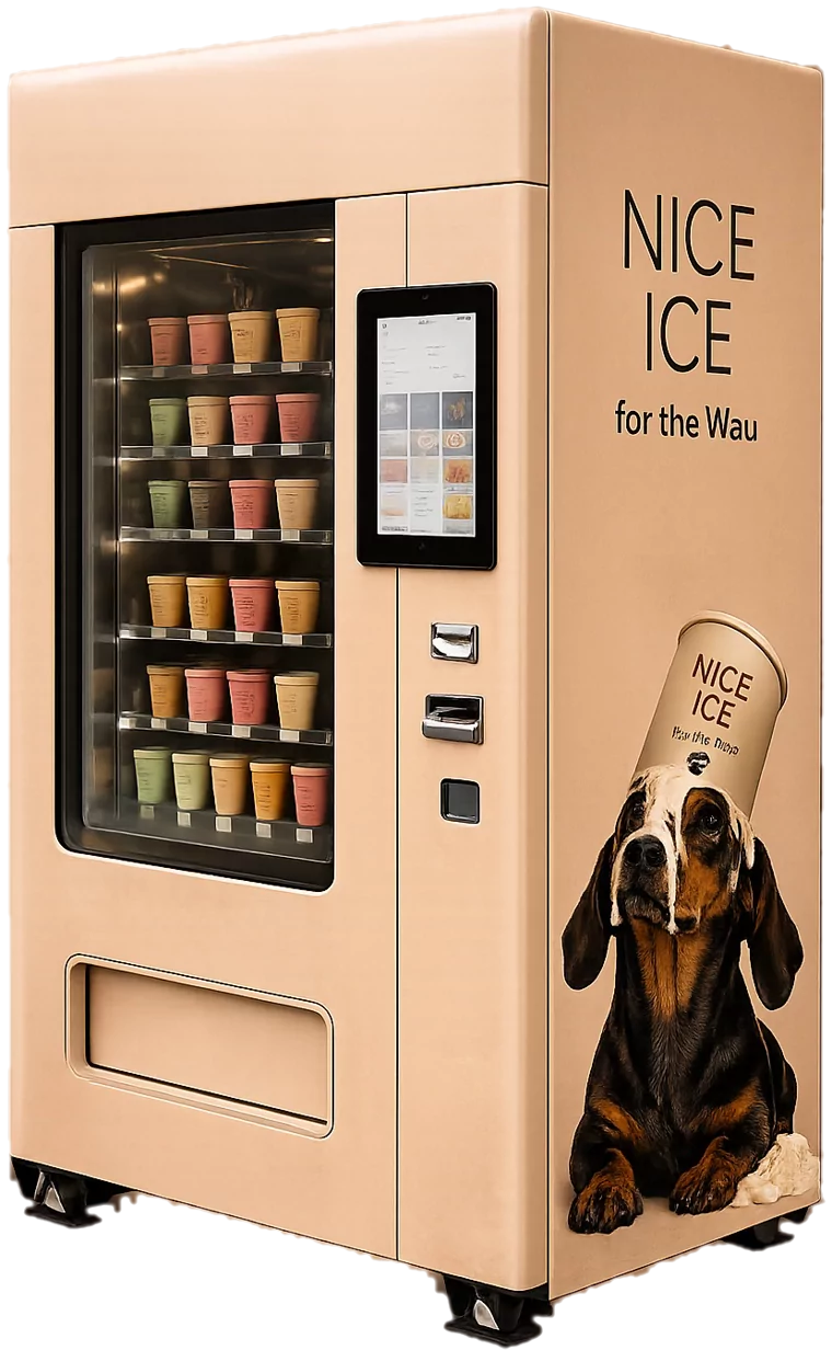 Nice Ice for the Wau Automat, freigestellt, mit Dackelmotiv auf der Seite