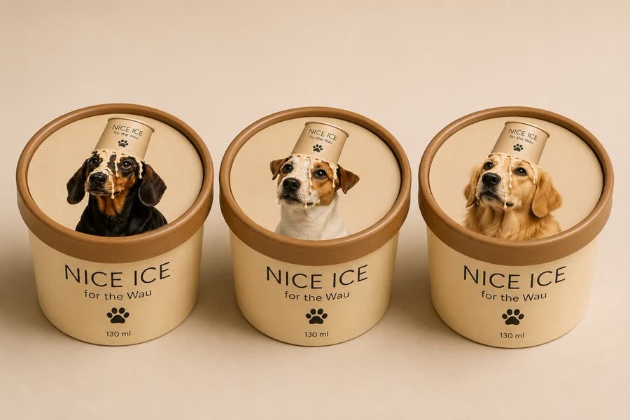 Drei Nice Ice for the Wau Becher mit 130 ml, jeder mit einem Hundemotiv auf dem Deckel